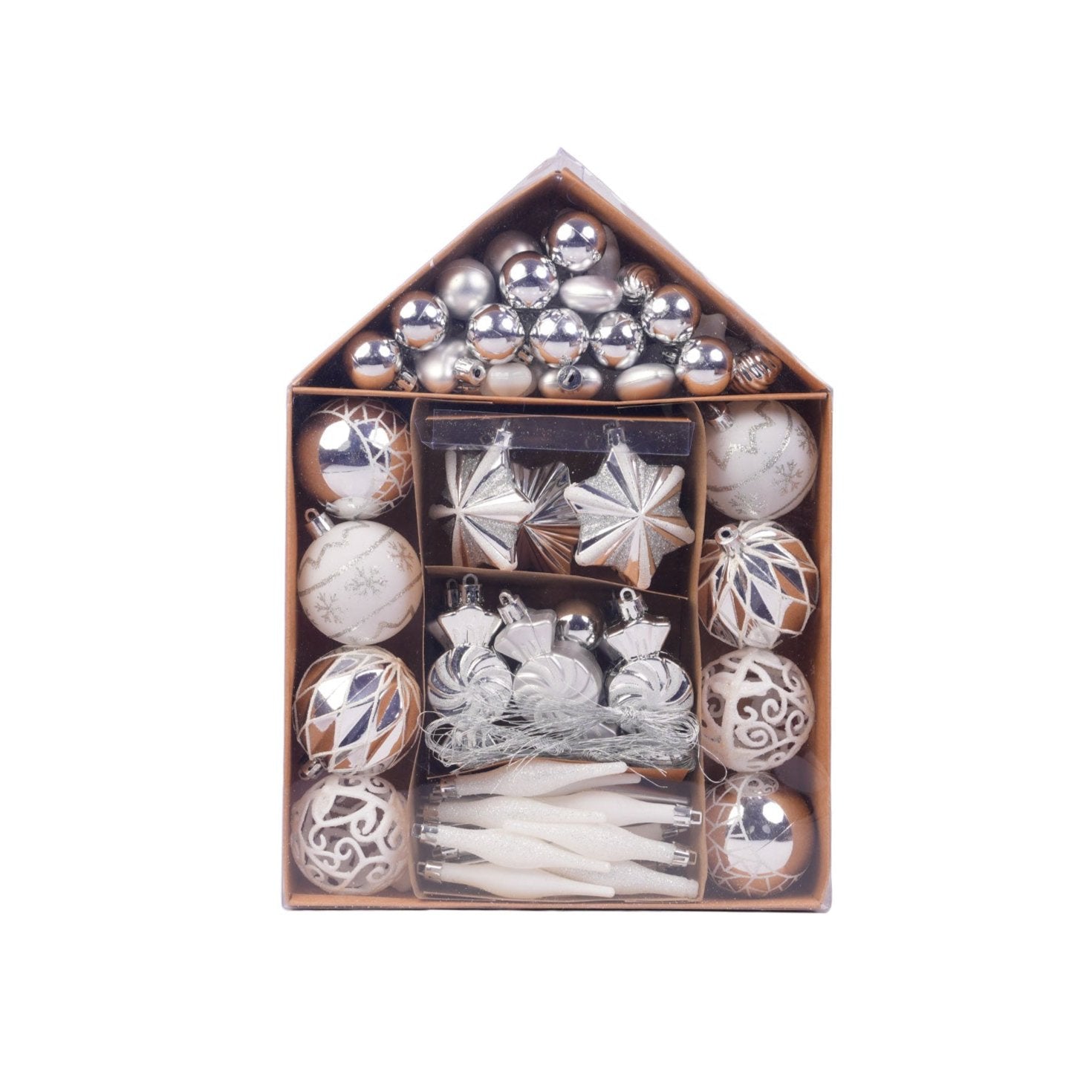 Silver and White Christmas Ornaments – 73 Pieces