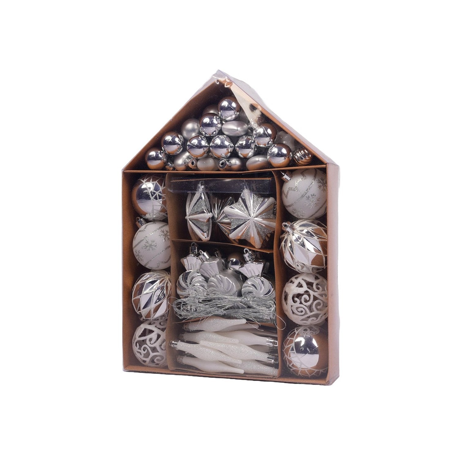 Silver and White Christmas Ornaments – 73 Pieces